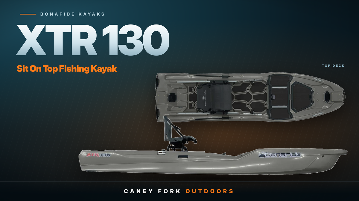 Bonafide XTR130 sit on top fishing kayak, top deck and side views