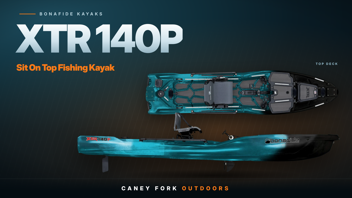 Bonafide XTR140P sit on top fishing kayak, top deck and side views