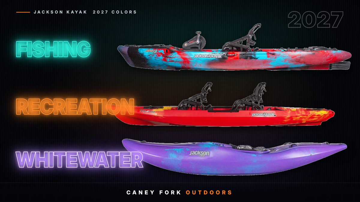 Jackson Kayak 2027 colors, with a fishing, recreation and whitewater hull shown on each line