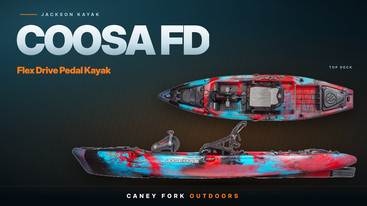 Jackson Kayak Coosa FD pedal fishing kayak, top deck and side views
