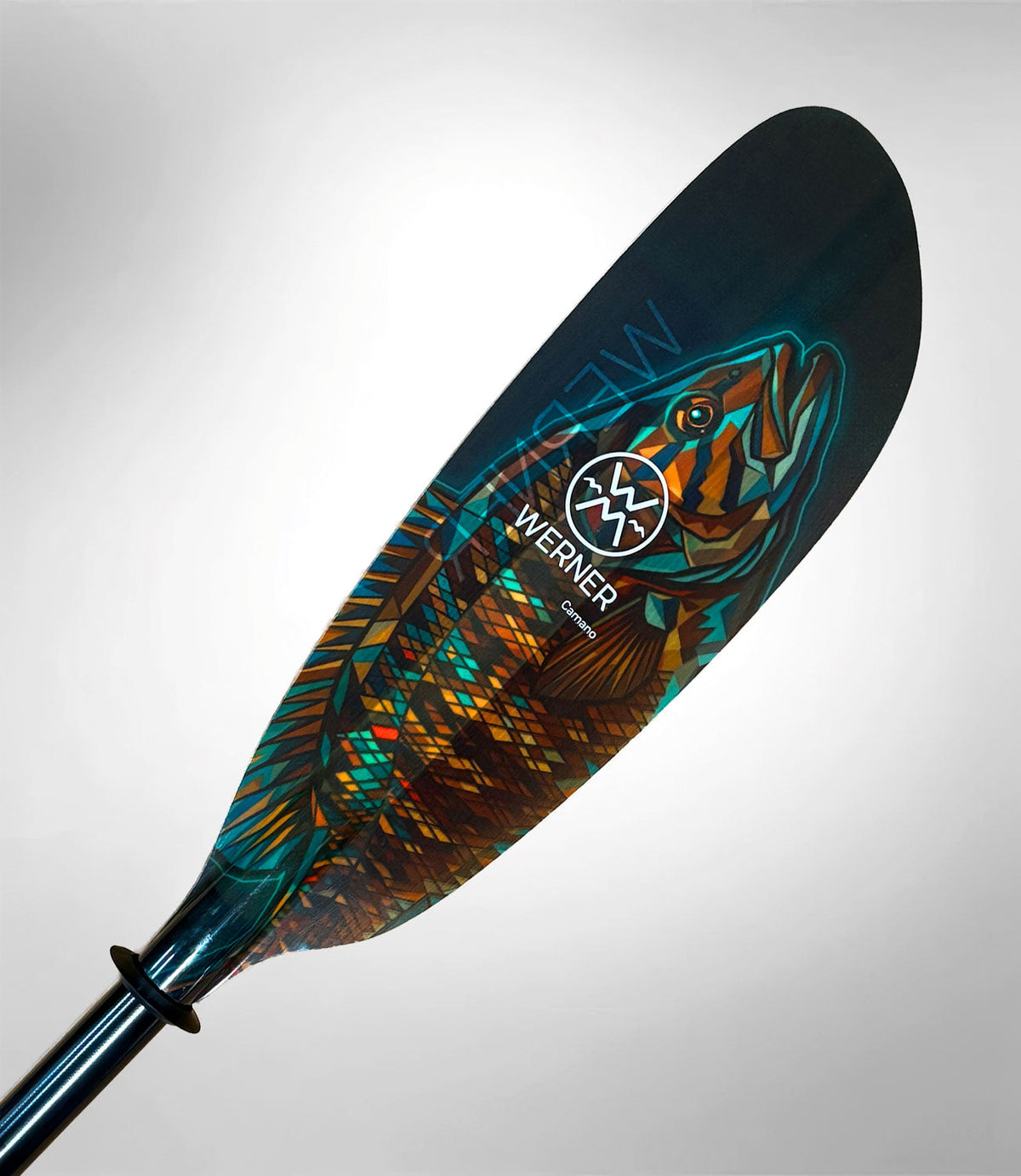Werner Camano fishing kayak paddle blade detail in Mosaic Bass